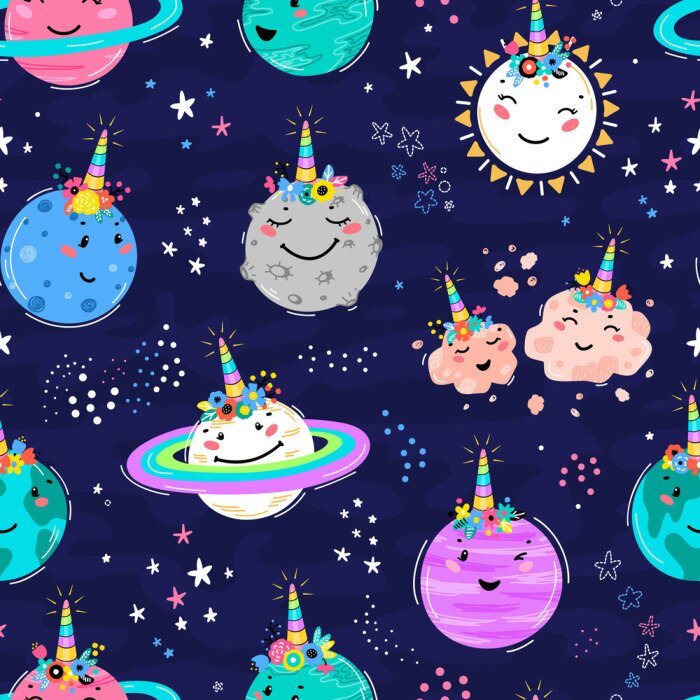 Behang Magic Unicorn Seamless Pattern with Planets, Sun, Meteorite. Cute Planet Smiling Face with Unicorn Horn and Flower Crown. Space Vector Background for Kids t-shirt Print, Nursery Design, Birthday Party