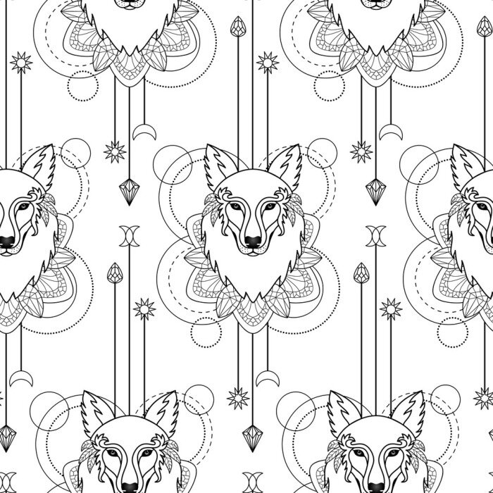 Behang Magische geometrische zwart-witte wolven