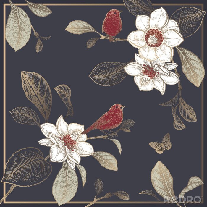 Behang Magnolia bloemen vergezeld van vogels