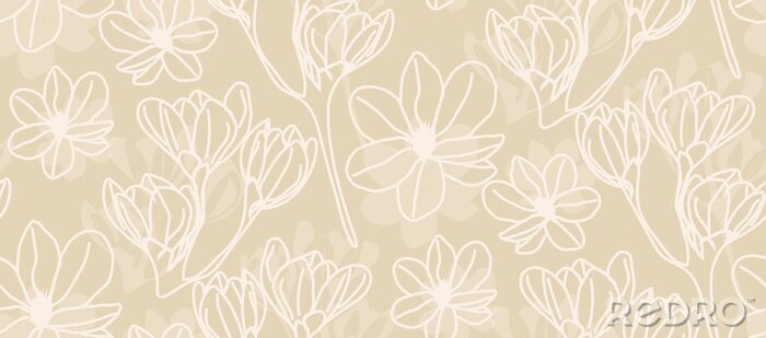 Behang Magnolia in beige line art - seamless pattern