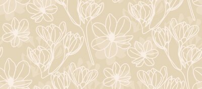 Behang Magnolia in beige line art - seamless pattern