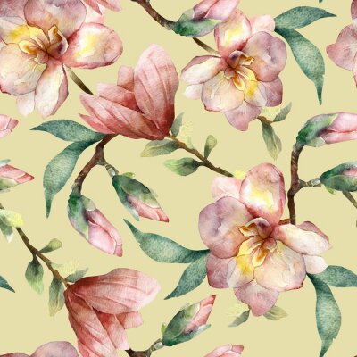 Behang magnolia pattern on olive background
