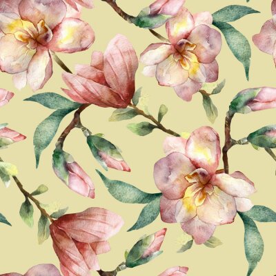 Behang Magnolia pattern on olive background