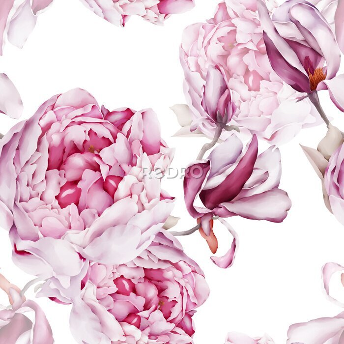 Behang Magnolia's en pioenrozen in een boeket