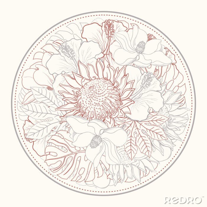 Behang Magnolia's en tropische planten gekleurde contouren