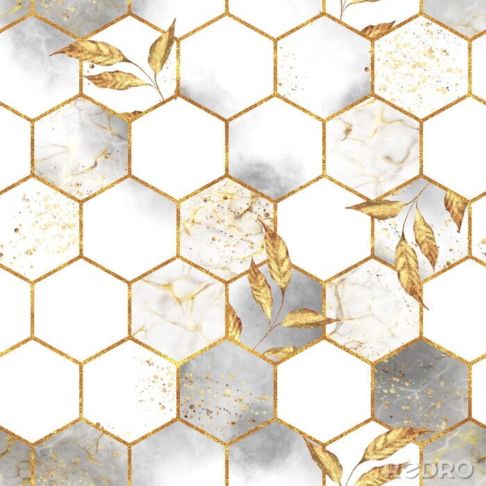 Behang Marble hexagon seamless texture with golden leaves. Abstract background