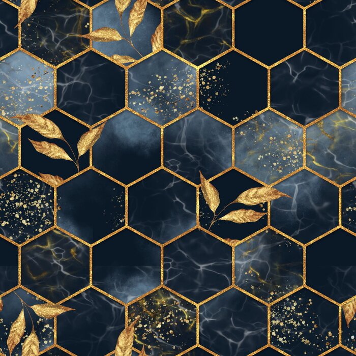 Behang Marble hexagon seamless texture with golden leaves. Abstract background