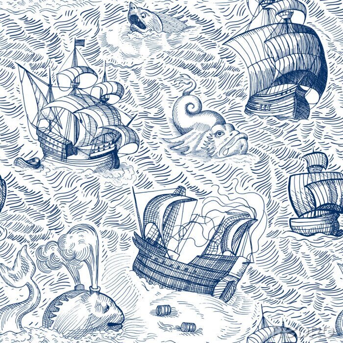 Behang Marine map. Vintage seamless pattern with ships and monsters