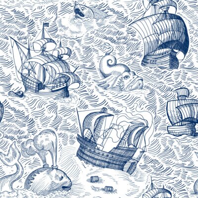 Behang Marine map. Vintage seamless pattern with ships and monsters