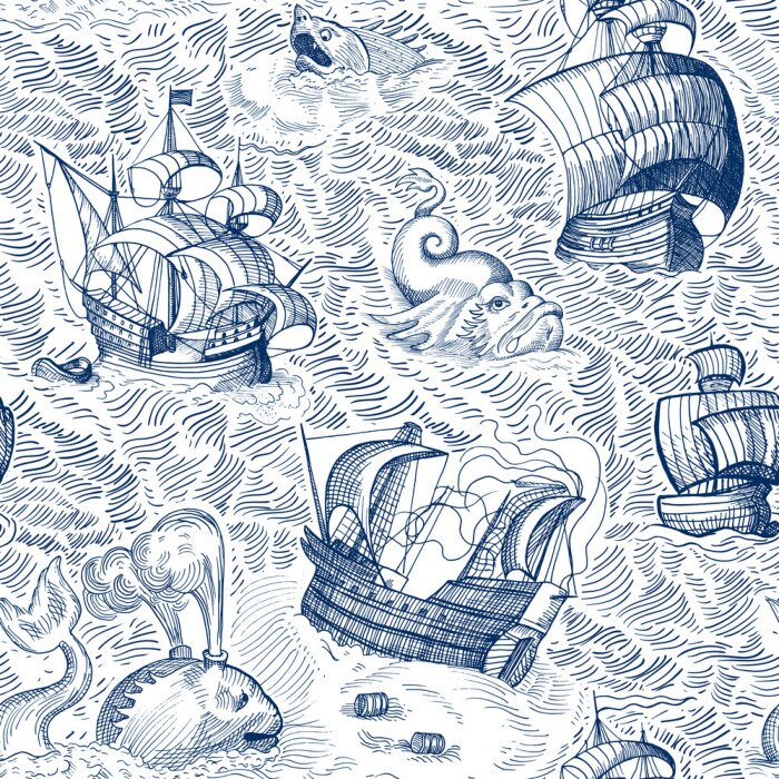 Behang Marine map. Vintage seamless pattern with ships and monsters