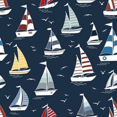 Behang Marine seamless pattern with cartoon boats on waves