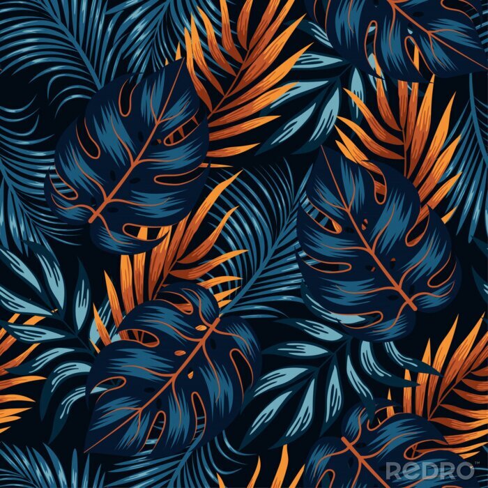 Behang Marineblauwe en oranje tropische planten