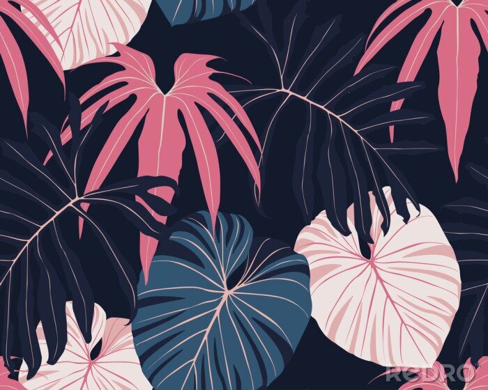 Behang Marineblauwe en roze tropische bladeren