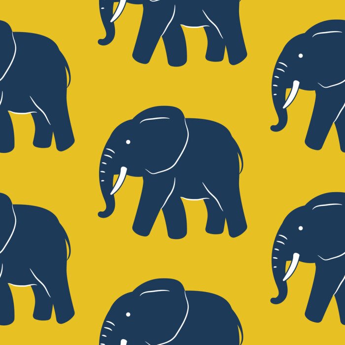 Behang Marineblauwe olifanten op een gele achtergrond