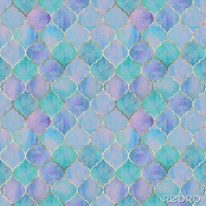 Behang Marokkaans patroon in turquoise en paars
