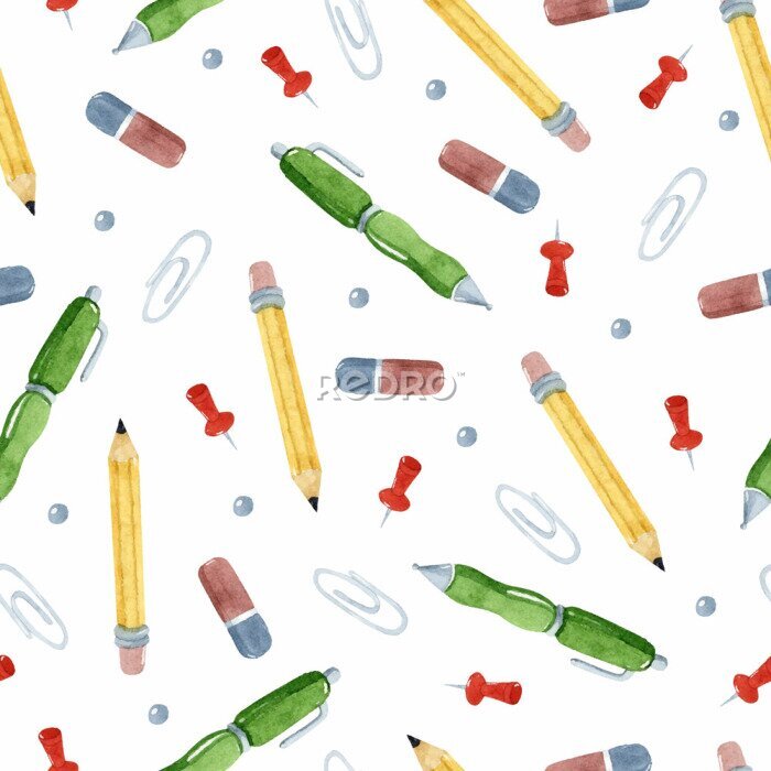 Behang Met aquarelverf geschilderde schoolaccessoires
