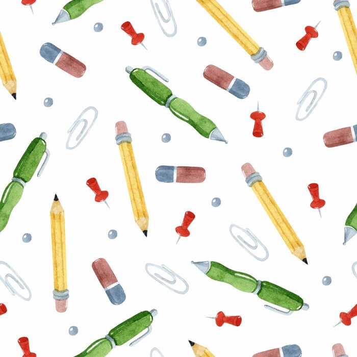 Behang Met aquarelverf geschilderde schoolaccessoires