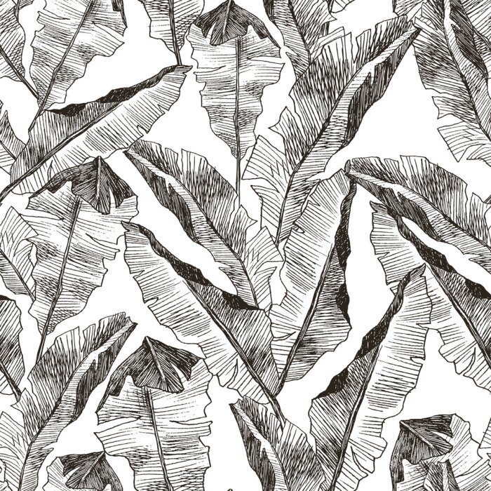 Behang Met potlood geschetste tropische bladeren