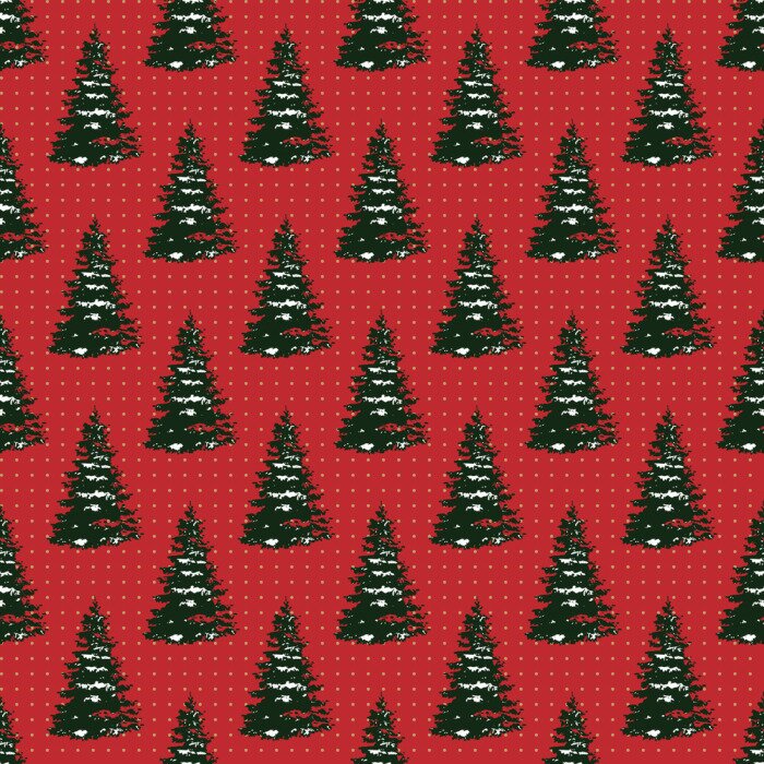 Behang Met sneeuw bedekte kerstbomen op een rode achtergrond