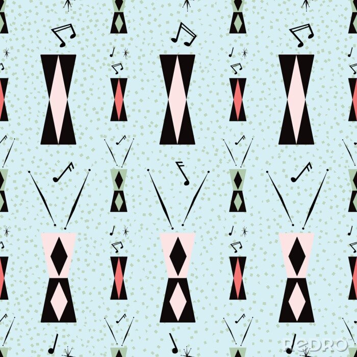 Behang Mid century musical seamless pattern with tall drums  and and a fun, kitschy take on the atomic era. Notes and drumsticks, diamond patterned drums. Pink and black on light blue textured background.