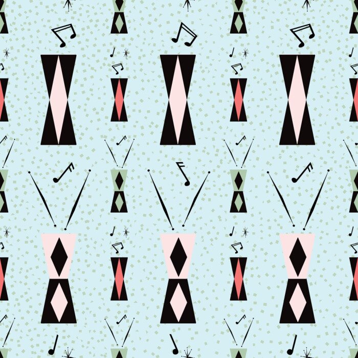 Behang Mid century musical seamless pattern with tall drums  and and a fun, kitschy take on the atomic era. Notes and drumsticks, diamond patterned drums. Pink and black on light blue textured background.