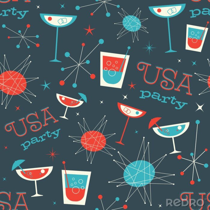 Behang Mid Century USA patriottisch patroon. Retro vintage jaren vijftig gestileerde vectorpatroon. Vijfde stijl naadloze patroon die cocktails, drankjes en dranken op het heeft en de VS feest leest.