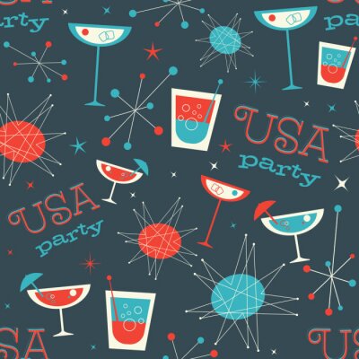 Behang Mid Century USA patriottisch patroon. Retro vintage jaren vijftig gestileerde vectorpatroon. Vijfde stijl naadloze patroon die cocktails, drankjes en dranken op het heeft en de VS feest leest.