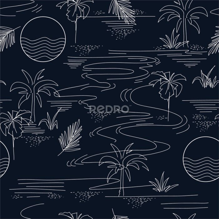 Behang Minimal seamless pattern in vector of island summer mood and tone with line ,Design for fashion fabric web wallpaper and all prints