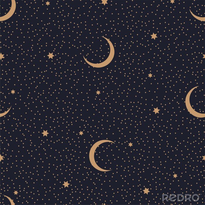 Behang Minimalistic seamless abstract pattern with starry sky and moon on a dark background