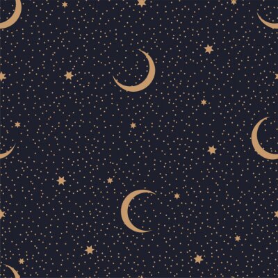 Behang Minimalistic seamless abstract pattern with starry sky and moon on a dark background