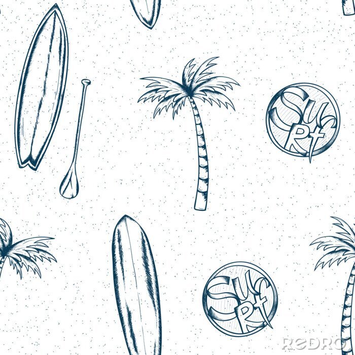 Behang Minimalistisch patroon van surfplanken en palmbomen