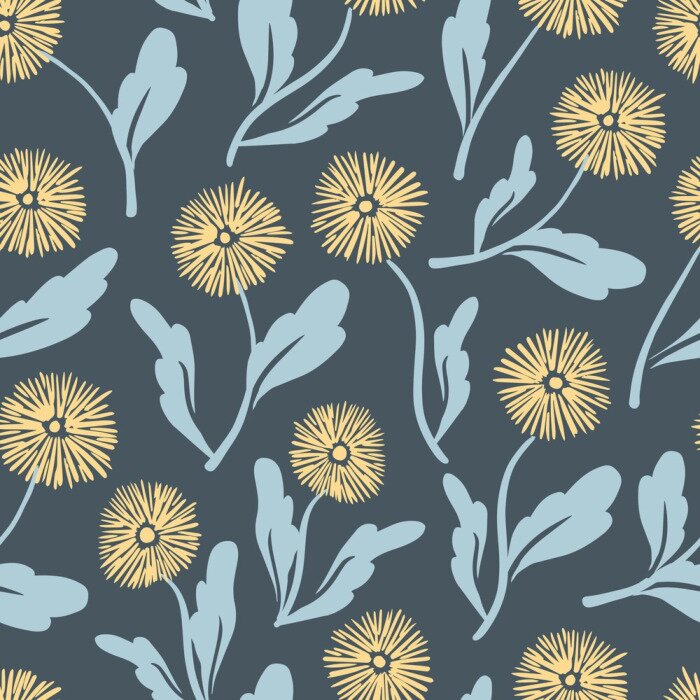 Behang Minimalistische afbeelding met paardebloemen donkerblauwe achtergrond