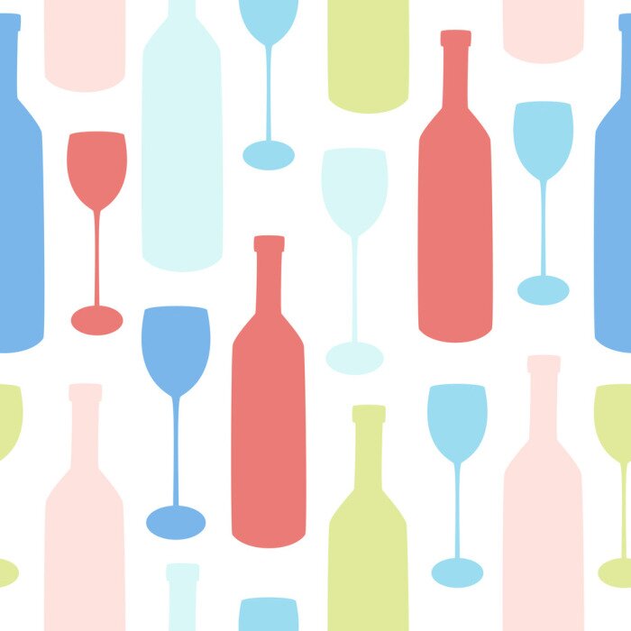 Behang Minimalistische naadloze vector patroon met flessen en glazen