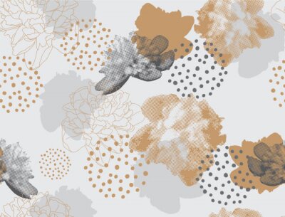 Behang Modern bloemenpatroon in een halftone stijl. Naadloos vectorornament met bloemen en geometrische vormen. Pioenrozen op een grijze achtergrond
