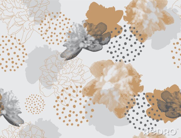 Behang Modern bloemenpatroon in een halftone stijl. Naadloos vectorornament met bloemen en geometrische vormen. Pioenrozen op een grijze achtergrond