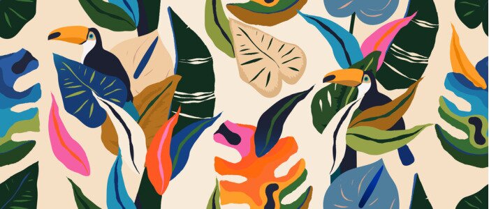 Behang Modern exotic jungle pattern with toucan bird. Collage contemporary seamless pattern. Hand drawn cartoon style pattern.