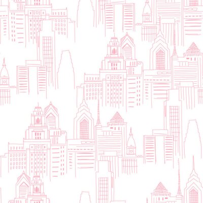 Behang Modern New York city scape in pink colour. Girlish Superhero themed neutral seamless pattern. Vector doodle graphics. Perfect for little girl design like t-shirt textile fabric print birtday party