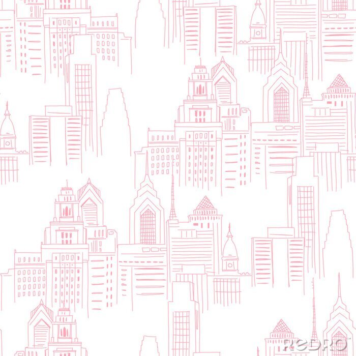 Behang Modern New York city scape in pink colour. Girlish Superhero themed neutral seamless pattern. Vector doodle graphics. Perfect for little girl design like t-shirt textile fabric print birtday party