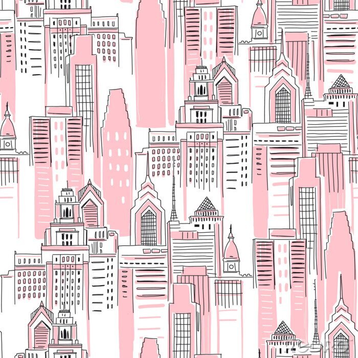Behang Modern New York city scape in pink colour. Girlish Superhero themed seamless pattern. Vector doodle graphics. Perfect for little girl design like t-shirt textile fabric print birtday party wrapping