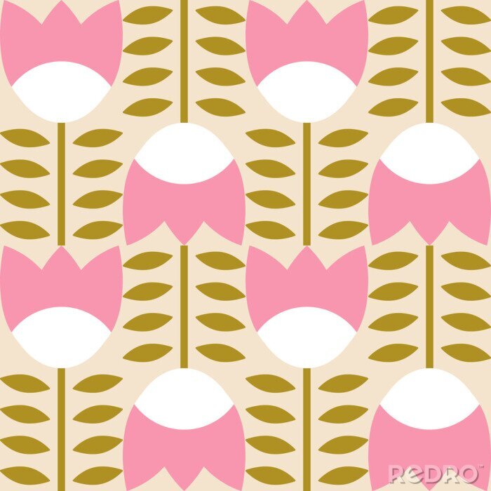 Behang Modern vector abstract  geometric background with stylized flowers, leaves and stems  in retro scandinavian style. Pastel colored simple shapes graphic seamless pattern.