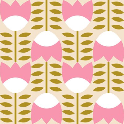 Behang Modern vector abstract  geometric background with stylized flowers, leaves and stems  in retro scandinavian style. Pastel colored simple shapes graphic seamless pattern.