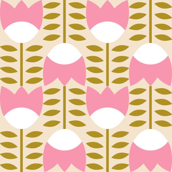 Behang Modern vector abstract  geometric background with stylized flowers, leaves and stems  in retro scandinavian style. Pastel colored simple shapes graphic seamless pattern.