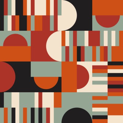 Behang Modern vector abstract seamless geometric pattern with semicircles and circles in retro scandinavian style. Pastel colored simple shapes mosaic background. Bauhaus design inspired background.