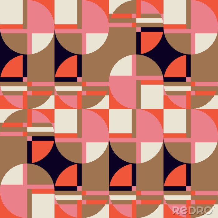 Behang Modern vector abstract seamless geometric pattern with semicircles, rectangles, squares and circles in retro scandinavian style. Pastel colored simple shapes graphic background.
