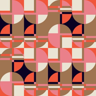 Behang Modern vector abstract seamless geometric pattern with semicircles, rectangles, squares and circles in retro scandinavian style. Pastel colored simple shapes graphic background.