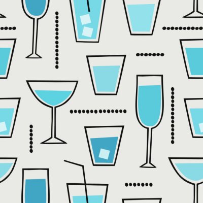 Behang Moderne naadloze patroon met cocktail drinken in blauw, zwart en room.