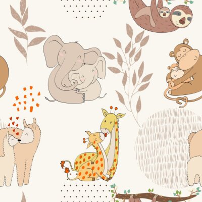 Behang Moeder en baby olifanten, apen en lama's