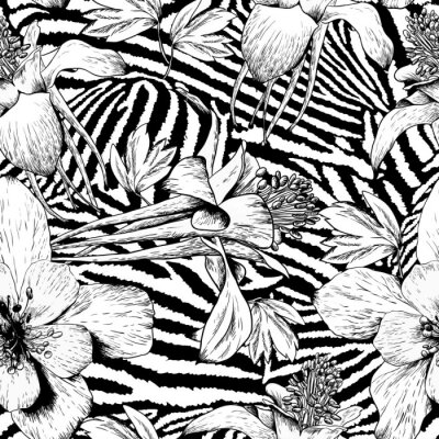 Behang Monochrome bloemen op een zebra motief achtergrond