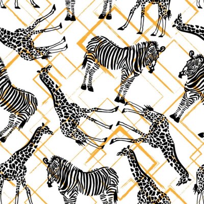Behang Monochrome zebra's en giraffen op een gekleurde achtergrond