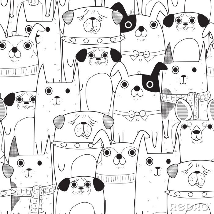 Behang Monochroom geschilderde hondjes